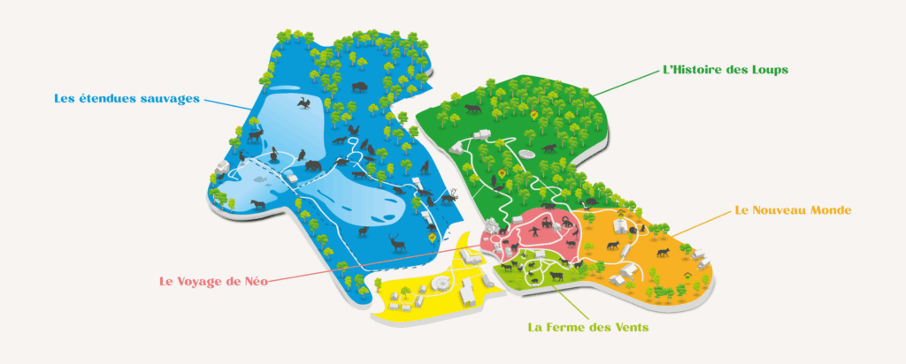 Plan du parc présentant les différentes zones : Les étendues sauvages, Le Voyage de Néo, L’Histoire des Loups, Le Nouveau Monde et La Ferme des Vents.